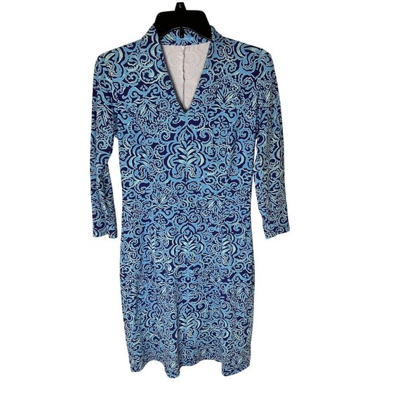J. McLaughlin Blue & Aqua Damask Print 3/4 Sleeve Dress XS Nylon/Spandex Travel - Picture 1 of 6